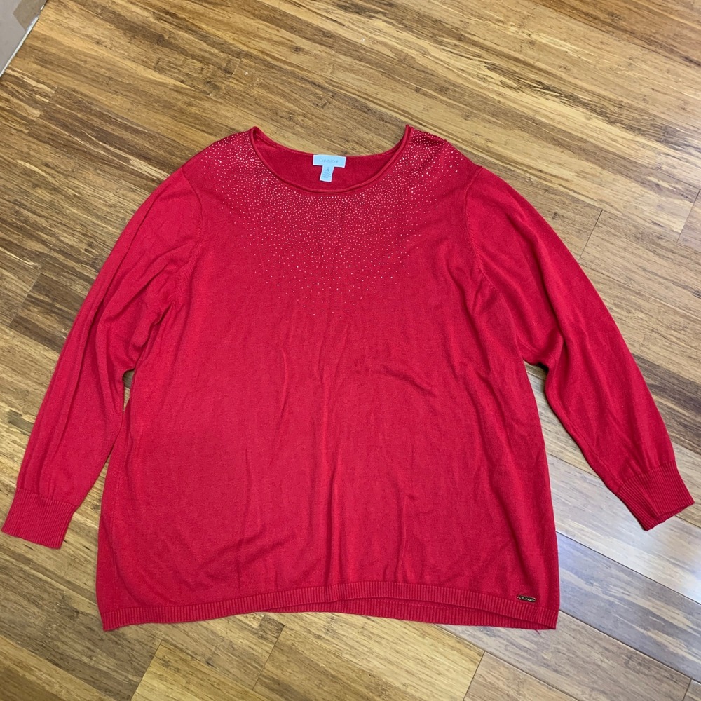 Calvin Klein Red Rhinestone Embellished Crew Neck Sweater Top Women Plus Size 1X